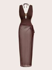 Swim Oasis 1set Women Metal Decor Hollow Out Halter One-Piece Swimsuit Top With Matching Sarong Wrap & Skirt Swimsuit Set, For Vacation For Summer