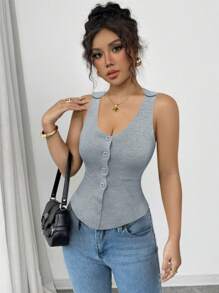 SHEIN Clasi Women's Solid Color Camisole With Buttons, Fashionable Summer Top