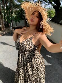 Dazy Plus Vestido largo de tirantes estilo A con estampado de leopardo, para talla grande, estilo de vacaciones, atuendo de crucero de verano para mujeres - Caqui - Ver 8