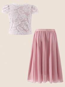 SHEIN Tween Girls' Elegant Lady V-Neck Lace Trim T-Shirt And Elastic Waist Solid Long Chiffon Skirt Two-Piece Flower Girl Wedding Outfit - Pink - View 2