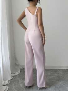 Elenzga 女士春夏斜肩带纽扣无袖背心和直腿纽扣裤套装 - 粉色 - 查看 2