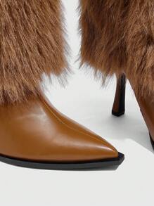 CUCCOO SZL Sexy Fashion Brown Furry Decor Pointed Toe Slim High Heel Glamorous Sexy Party Event Side Zipper Women Knee High Boots - Brown - View 10