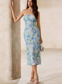 GENKIRA New Summer Elegant Sleeveless Dress, Overlay Floral Embroidery Bodycon Slim Waist Fitted Tea Length Dress For Women All Over Print For Spring Fall - Multicolor - View 6