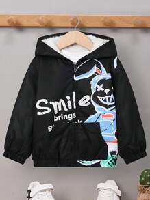 SHEIN 男童毛絨內裡帶連帽花印夾克 - 黑色 - 查看 5