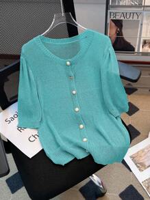 SHEIN LUNE Women's Fashionable Crew Neck Balloon Sleeve Knit Sweater, Age-Reducing Style - Green - View 3