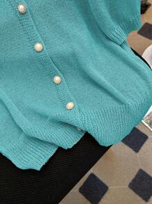 SHEIN LUNE Women's Fashionable Crew Neck Balloon Sleeve Knit Sweater, Age-Reducing Style - Green - View 4