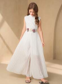 SHEIN Tween Girl Elegant Lace Leaf Pattern Stand Collar Pleated Jumpsuit, Suitable For Wedding Season & Party - White - View 5