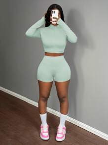 Slaydiva Women Summer 3 Pieces Set: Casual Elastic Mock Neck Zip-Up Long Sleeve T-Shirt Jacket, Sleeveless Cropped Tank Top And Athletic Shorts Island Vacation Outfits - Green - View 7