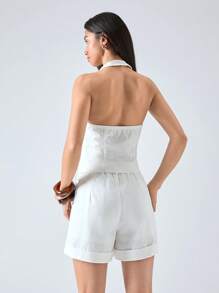 LYSMO Conjunto de traje de algodón y lino con botones metálicos para mujer - Nuevos llegados de primavera/verano 2025 - Blanco - Ver 2