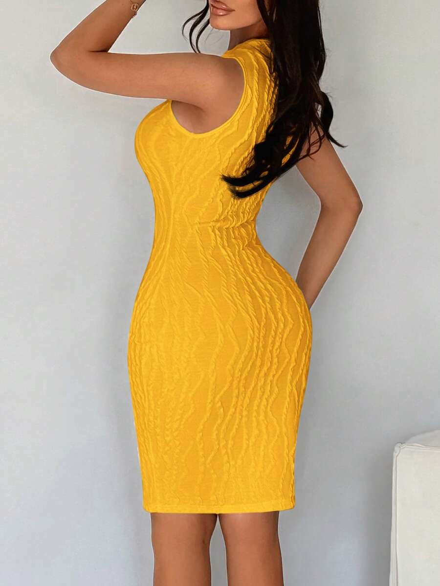 SHEIN SXY 女式纯色纹理修身连衣裙 - 黃色 - 查看 1