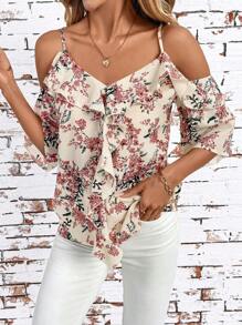 SHEIN Clasi Romantic Floral Print Off-Shoulder Ruffled Blouse, Fashionable For Summer Floral - Dusty Pink - View 6