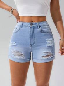 SHEIN PETITE Summer Casual Washed Ripped Slim Denim Shorts - Light Wash - View 5