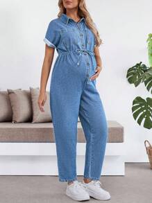 SHEIN Maternity Blue Denim Jumpsuit - Light Wash - View 4