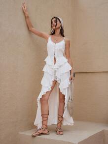 SHEIN LUNE Ruffle Dress Sundresses Ruffle Skirt Western Women's Vacation Plain Color Ruffled Hem Spaghetti Strap Dress - White - View 6