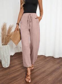 SHEIN LUNE Women Denim Effect Solid Color Pocket Side Ruffle Casual Pants For New Year Clothes Fall Cloth For Women - Pink - View 4