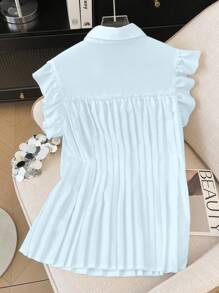 Franclia Elegant French Style White Chiffon Blouse With Ruffled Collar - Baby Blue - View 2