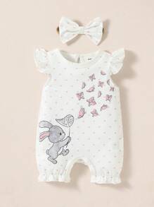SHEIN Baby Girl Newborn Rabbit & Butterfly Print Ruffle Trim Romper