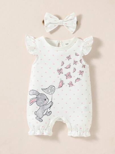 SHEIN Baby Girl Newborn Rabbit & Butterfly Print Ruffle Trim Romper