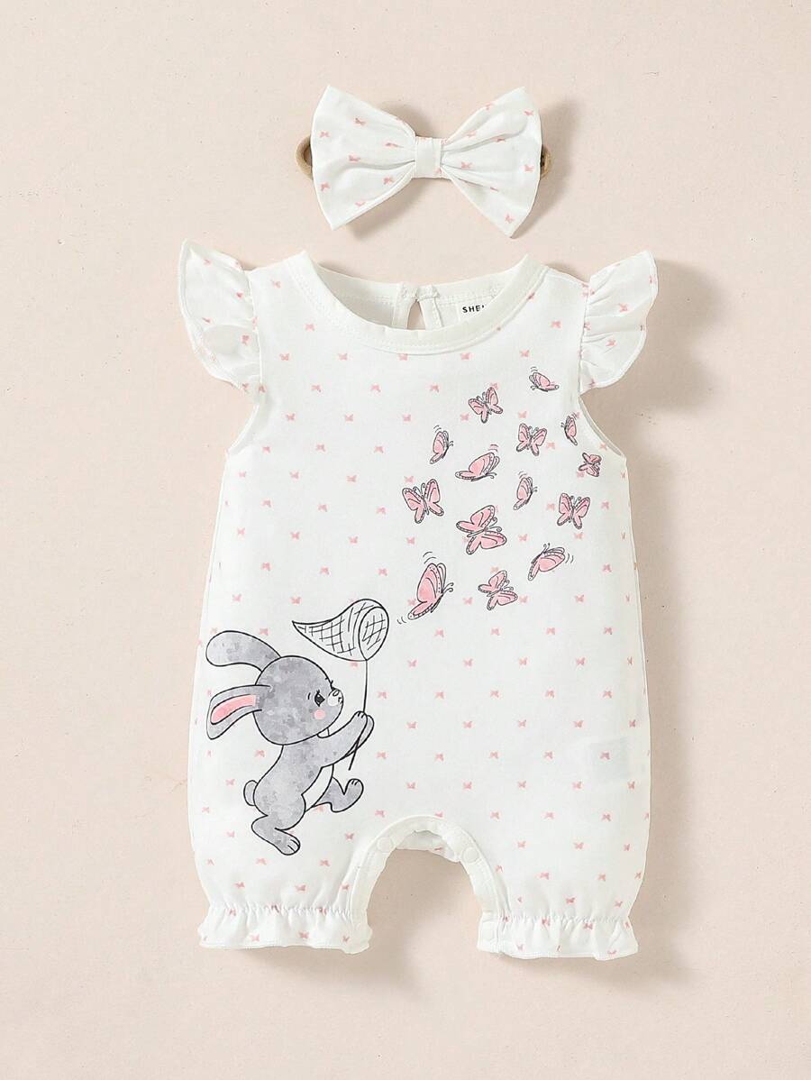 SHEIN Baby Girl Newborn Rabbit & Butterfly Print Ruffle Trim Romper