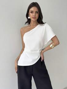 Firerie 女士春夏休闲优雅办公及婚礼宾客着装，不对称下摆纹理单肩收腰上衣，毕业典礼、教师节、返校季等场合皆宜。 - 白色 - 查看 3