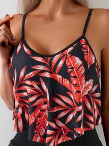 Swim Lushoire Printed Crop Top Bikini With Ruffle Trim - Red - View 6