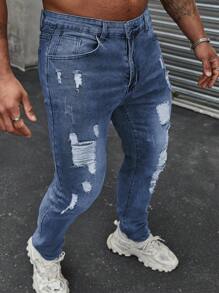 Manfinity LEGND Men's Ripped Slim Fit Casual Distressed Denim Jeans - Dark Wash - View 6