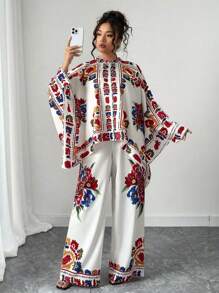 Elenzga Plus Size Floral Print Asymmetrical Hem Batwing Casual Shirt + Loose Wide Leg Pants Elegant Two Pieces Set, Suitable For Party Fall Cloth For Women - Multicolor - View 3