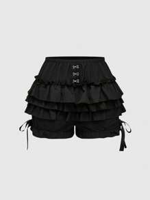 ROMWE Quần short bí ngô Gothic dễ thương 3 lớp viền bèo nhún cho nữ cỡ lớn có nơ trang trí - màu đen - Xem 3