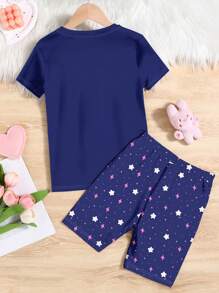 SHEIN Tween 女童休闲可爱考拉与星星图案简约短袖短裤睡衣套装，贴身剪裁，春夏 - 彩色 - 查看 2