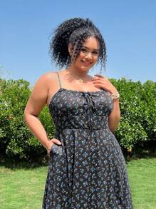 SHEIN EZwear Váy yếm dệt kim in hoa cỡ lớn cho nữ, mùa hè - Nhiều màu - Xem 3