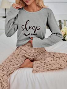EURMUSE 100% Cotton 2Pcs Eye&Heart Printed PJ Set - Light Grey - View 6