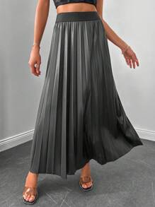 EURMUSE 女士优雅纯色百褶裙，夏季 - 深灰色 - 查看 5