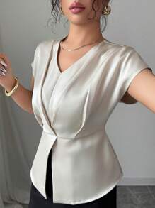 Elenzga French Style V-Neck Satin Short Sleeve Fitted Blouse, Apricot Color, Summer - Apricot - View 5