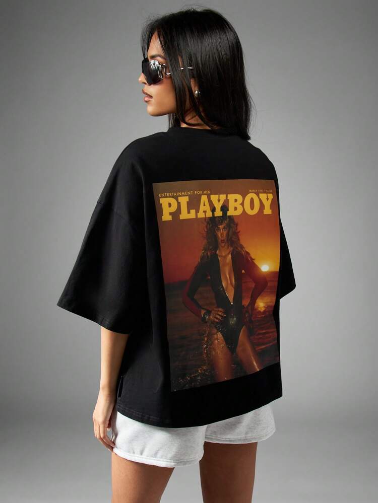 Missguided x Playboy Maglietta oversize stile cover di rivista, moda retrò streetwear, stampa grafica, manica corta, casual, essenziale per festival estivi, stile urbano Y2K