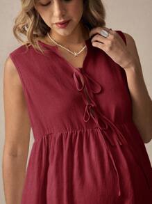 Boho Mama Maternity Casual Solid Color Front Tie Sleeveless Shirt, Summer - Burgundy - View 5