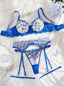 SHEIN 5件套大码女士性感蕾丝拼布刺绣内衣套装 - 藍色 - 查看 3