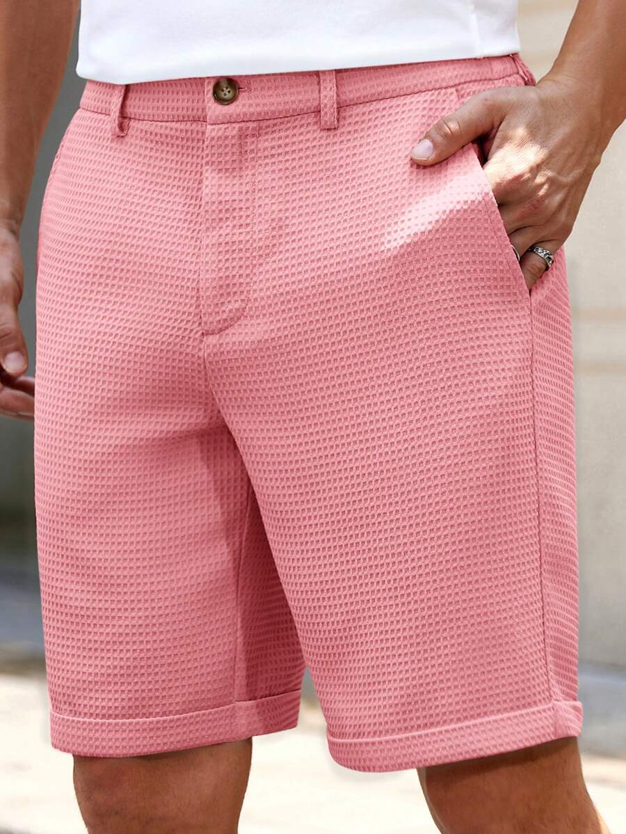 HIMLAND 男士纯色梭织短款直筒中腰百慕大短裤，适合春夏季日常穿着 - 粉色 - 查看 1