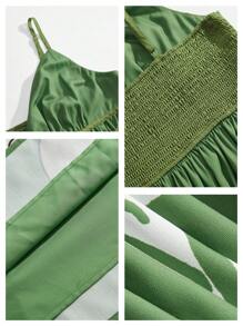 Anewsta 大码花卉印花 V 领收腰吊带连衣裙，优雅度假休闲装，女士春夏装 - 綠色 - 查看 5