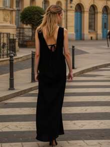 Women V-Neck Sleeveless Solid Color Slit Sexy Dress - Black - View 2