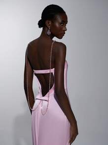 SHEIN Belle Blush Pink Spring Elegant Formal Party Wedding Bridesmaid Dress,Strapless Rhinestone Chain Decor Open Back Bodycon Fishtail Silhouette - Baby Pink - View 4