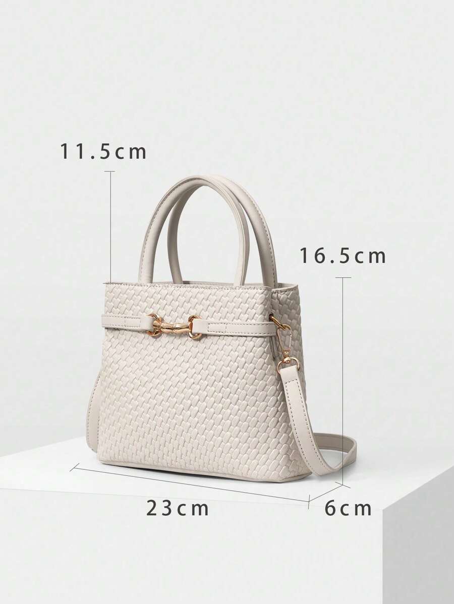 MOTF PREMIUM PU LEATHER COMMUTING WOMEN TOP HANDLE BAG, SOLID COLOR TEXTURE WITH METAL DECOR, BEST MOTHER'S DAY GIFTS WOMEN - Beige - View 2