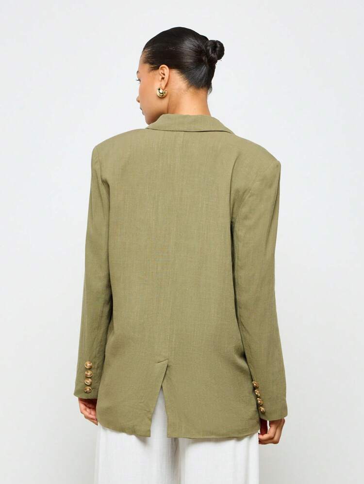 Linen Look Oversized Lapel Front Double Flap Pocket Blazer