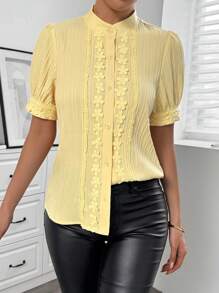 Chiquease Women's Two-Tone Ruffle Trim Textured Fabric Short Puff Sleeve Shirt - Yellow - View 4