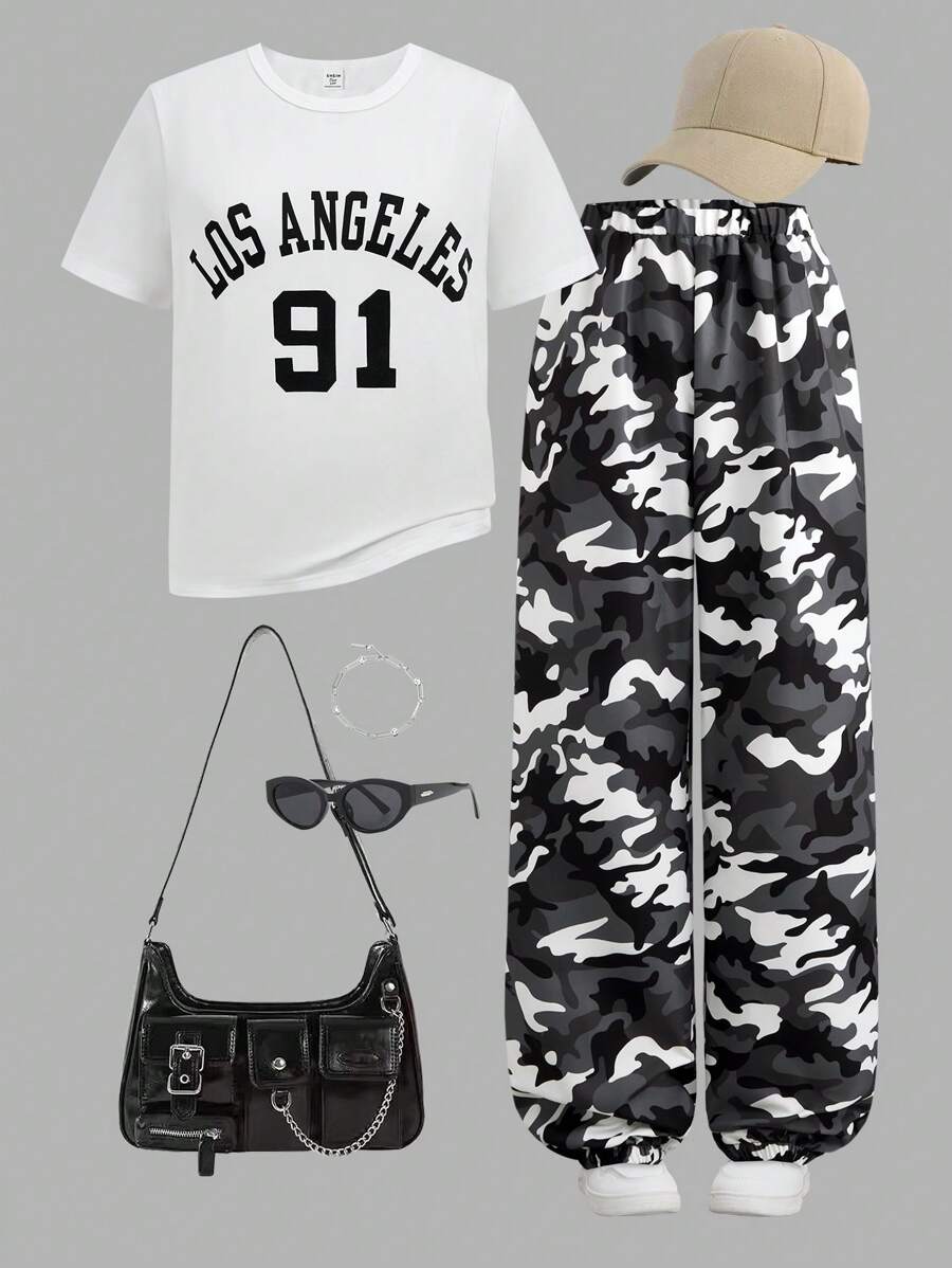 SHEIN Explorewe 2pcs/Set Teen GirlCasual Letter Printed Round Neck T-Shirt And Camouflage Long Pants - Multicolor - View 1