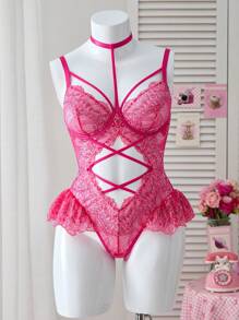 PetitDoll 1pc Plus Size Lace & Mesh Spliced Underwire Sexy Bodysuit - Hot Pink - View 10