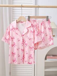 2 件套少女粉色蝴蝶结印花短袖衬衫和短裤休闲家居服睡衣套装 - 彩色 - 查看 4