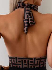 Swim Lushoire Women's Vacation Geometric Print Plunging Neck One-Piece Swimsuit For Summer