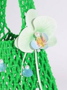 ROMWE Fairycore 1 buc. Geantă de plajă țesătă cu perle și cântare de sirenă, cu decor de flori de orhidee, culoare verde, toc de vară pentru femei