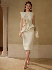 MOTF PREMIUM Vestido con bajo dividido y ribete de volantes - Albaricoque - Ver 3