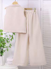 2 件女童杏色无袖花卉印花衬衫和阔腿裤套装，舒适休闲度假装，春夏 - 杏色 - 查看 2